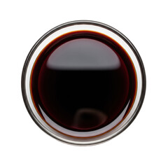 Pristine borosilicate glass bowl filled with rich dark balsamic vinegar, highly reflective and viscous, overhead on brilliant white studio background, concept for gourmet culinary appeal