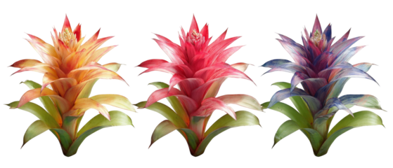 A vibrant display of three colorful bromeliad plants arranged harmoniously, showcasing their unique hues against a neutral background, ideal for gardening enthusiasts and decor inspiration