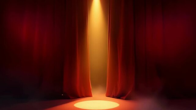 Empty Theater Stage with Red Curtains and Golden Spotlight Beams Through Smoke