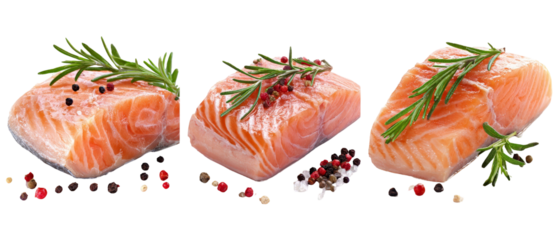 Fresh salmon fillets garnished with herbs and spices, displayed on a clean surface, showcasing vibrant colors and textures, ideal for culinary presentations or food-related content