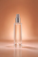 Naklejka premium Minimalist clear glass cosmetic spray bottle stands centered against a soft amber background
