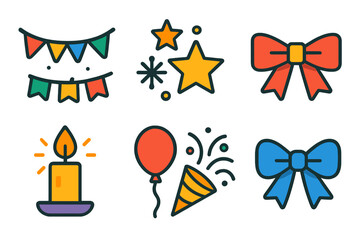 Festive Icon Set. Holiday Decorations Symbols flat icons: hanging garland, star cluster, snowflake, gift ribbon, glowing candle, balloon, confetti burst, bow knot