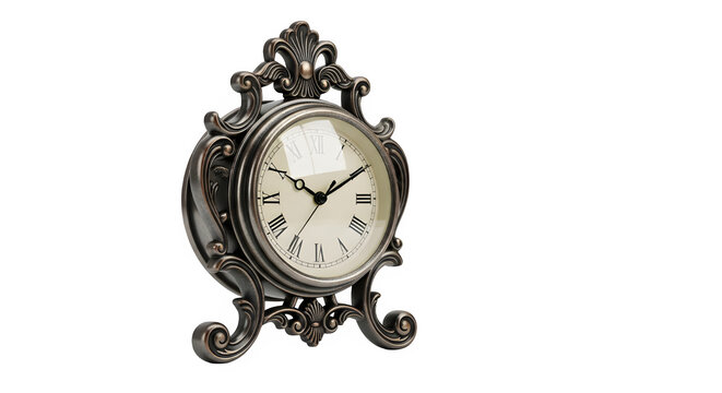 Vintage table clock with a bronze finish, featuring roman numerals and an ornate design, a timeless piece of decor, perfect for adding a touch of classic charm to any space