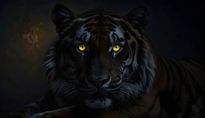 A close portrait of a majestic Siberian tiger's face, highlighting its striped fur and intense eyes in the wild night