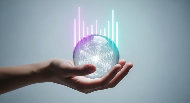 Hand holds glowing sphere with global network, illustrating data analytics and future.