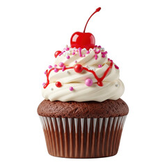 Perfectly baked chocolate cupcake, towering white frosting, pink/red sprinkles, glossy red maraschino cherry, elegant red drizzle, on transparent studio background. Festive dessert concept