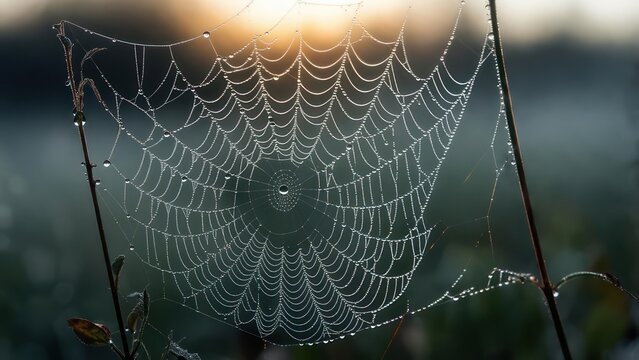 Dew-kissed spiderweb at dawn