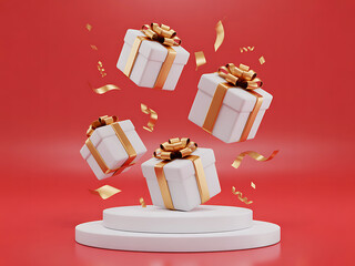 Four White Gift Boxes with Gold Ribbons Floating Above White Pedestal