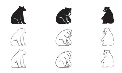 California Brown Bear Silhouette Vector Icon and flat design. Minimal Black Animal Design. Bear silhouette set.