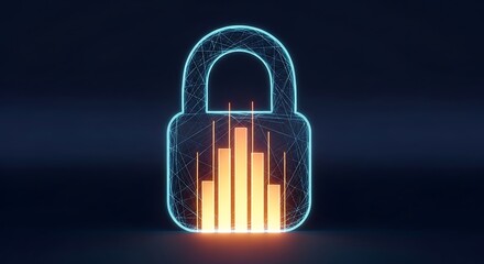 Digital padlock with data graphs illustrating secure data and cyber protection.