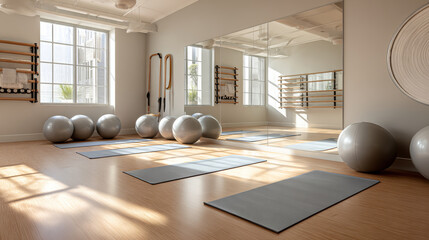 Calm yoga studio morning light pilates balls exercise mats wooden floor mirror wall minimalist interior wellness space serene mood