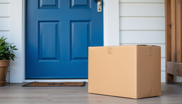 Cardboard box doorstep blue door home delivery parcel porch shipping package entryway suburban