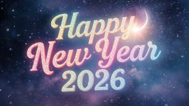 Happy new year 2026 glowing text in starry space background