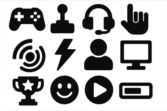 Brutalist Gaming Icons. Gaming Gesture Control silhouette icon set: game controller, joystick, headset, hand gesture, radar lines, energy bolt, character icon, screen frame, trophy