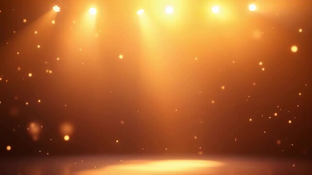 Golden Stage Lights Illuminating a Dark Room with Floating Particles and Spotlights