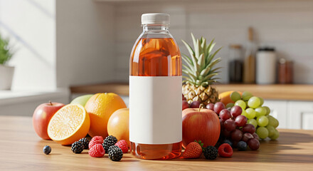 Fruit Juice Bottle with Assorted Fresh Fruits on Wooden Table
