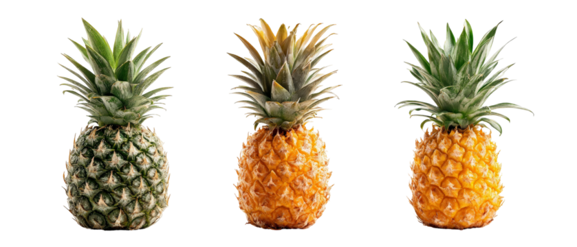Three ripe pineapples in varying stages of ripeness arranged in a row, showcasing their textures and colors against a clean background, ideal for culinary and health-related uses