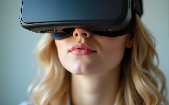 Close up portrait of a beautiful young woman wearing virtual reality goggles. High quality