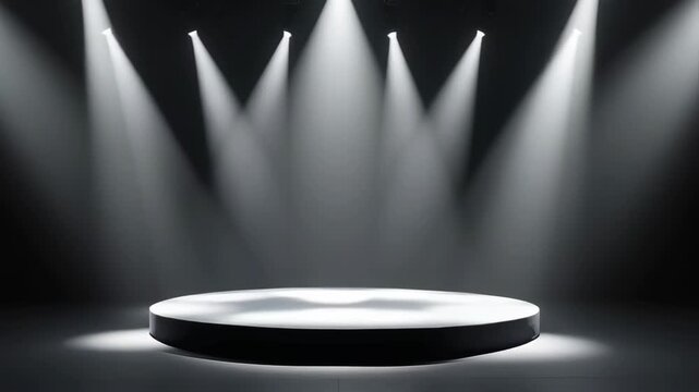Illuminated Circular Stage Platform Bathed in Dramatic Spotlight Beams on a Dark Studio Background
