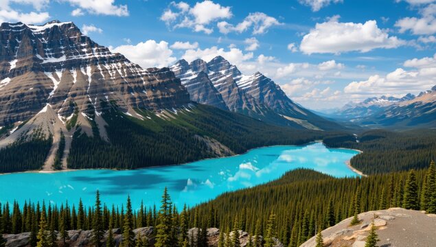 A scenic view of peyto lake in banff national park, canada, with turquoise water and snowcapped mountains - Powered by Adobe