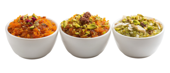 Three bowls of colorful traditional desserts, featuring vibrant textures and garnishes, placed against a clean backdrop, ideal for culinary articles or festive celebrations