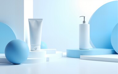 3d rendering of white and blue abstract geometric background. Scene for advertising, technology, showcase, banner, game, sport, cosmetic, business, metaverse. Sci-Fi Illustration. Product display