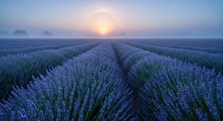 Sunrise over a misty lavender field with rows of purple flowers stretching to the horizon