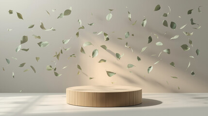 Minimalist Showcase Stage with Beige Background and Floating Foliage