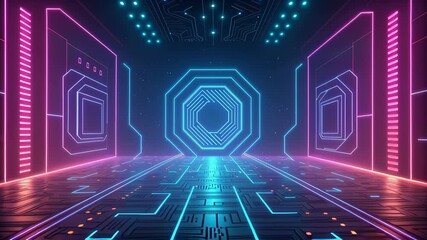 Neon digital corridor evokes futuristic sovereignty with glowing circuit floor geometric portal and ambient lights creating moody cyber atmosphere while digital gateway corridor glowing with neon - Powered by Adobe