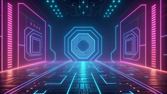 Neon digital corridor evokes futuristic sovereignty with glowing circuit floor geometric portal and ambient lights creating moody cyber atmosphere while digital gateway corridor glowing with neon - Powered by Adobe