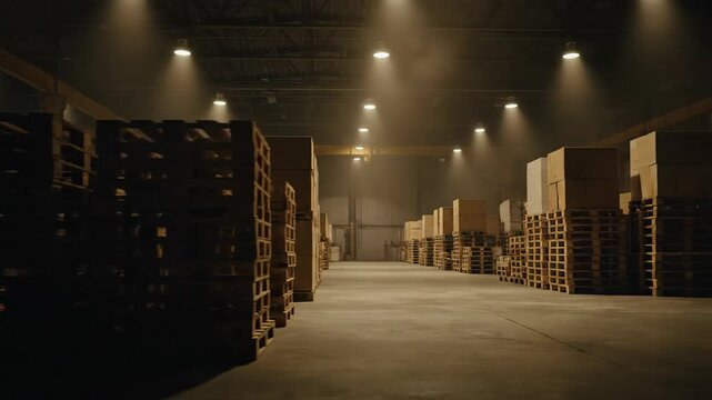 Warehouse interior with stacked wooden pallets and overhead lighting