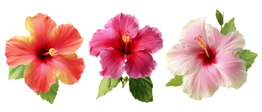 A vibrant display of three hibiscus flowers in varying shades of red and pink, with lush green leaves, set against a clean background, perfect for botanical or floral-themed designs