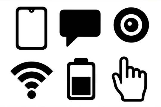Bold Smartphone Icons. Modern smartphones silhouette icon set: smartphone front view, message bubble, camera lens, wifi signal, battery icon, touchscreen hand.