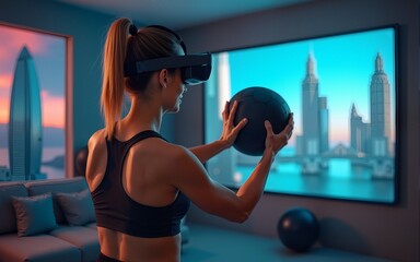 Sportswoman in AR headset exercises with fitball. VR screen shows virtual trainer, interface of fitness app with workout plan and image of futuristic city. Home gym with AI and metaverse technologies.