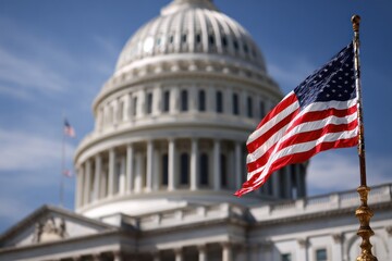 American flag waving in front of the Capitol Building.