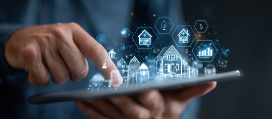 Digital real estate concept - Man using tablet for property search.