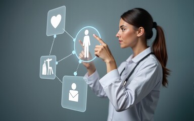 Businesswoman touching at virtual medical health icons while standing against a gray background. High quality