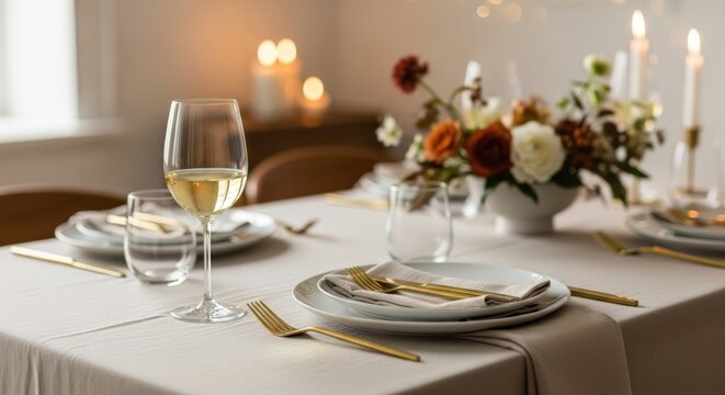 A beautifully set dining table for Thanksgiving. Elegant white plates, gold cutlery, and a floral centerpiece with autumn colors. Soft candlelight enhances the ambiance.