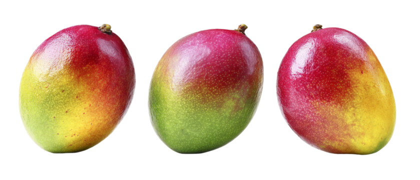 Three ripe mangoes arranged in a row, showcasing their vibrant colors of red, yellow, and green, with a clean background ideal for food photography and culinary use