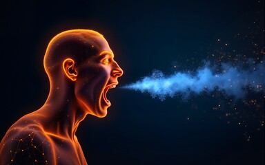 Orange wireframe human mouth yelling, generating blue particle explosion against dark backdrop. High quality