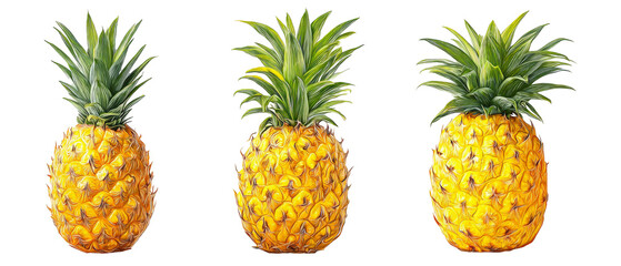 Three ripe pineapples arranged in a row, showcasing their vibrant yellow skin and green foliage, set against a clean white background, ideal for food-related content or tropical themes