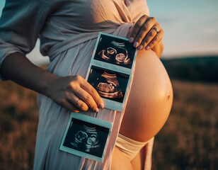Expectant mother lovingly holds her baby's ultrasound photos against her bare pregnant belly during golden hour.