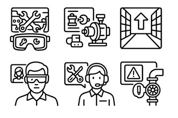 Fototapeta premium Industrial AR Icons. Industrial AR linear icon set: maintenance overlay, assembly guide, warehouse navigation, technician visor, remote assistance, safety alert view.
