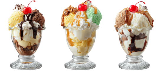 Three delicious ice cream sundaes in glass bowls, featuring chocolate, vanilla, and strawberry flavors topped with whipped cream, cherries, and mint leaves, set against a white background