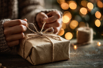 Close-up of hands tying bow on gift wrapped in paper with string and festive lights in background. Woman preparing handmade present for winter holidays
