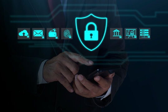 Cybersecurity and privacy concepts to protect data, Businessman using smartphone internet network security, protect business financial transaction data from cyber attack