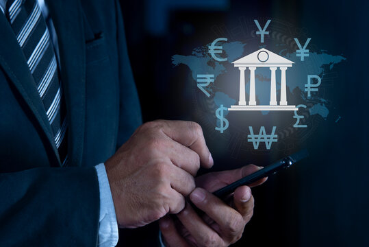 online shopping and payment via mobile banking apps. Businessman with mobile banking app login screen on smartphone. convenience and security of online financial services