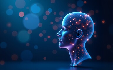 Abstract digital head outline with glowing lines and blurry bokeh circles on blue background. Technology, future, ai and machine learning concept. 3D Rendering. High quality