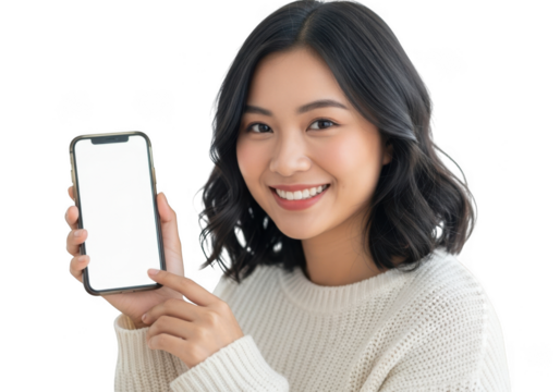 Smiling young asian woman holding a smartphone with a blank screen - Powered by Adobe