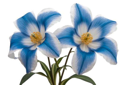 Striking blue and white striped flowers with vibrant yellow centers, a pair of elegant isolated blooms isolated on transparent background